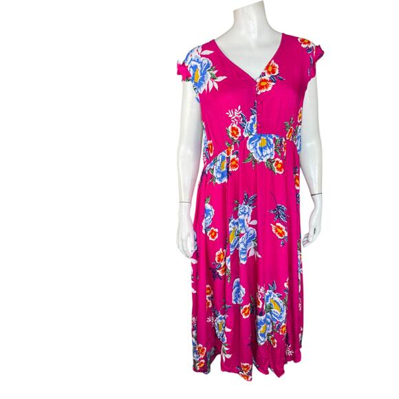 Jessica Simpson V-Neck Floral Midi Dress Fuchsia Blue Red White NWT Petite XL - Picture 1 of 12